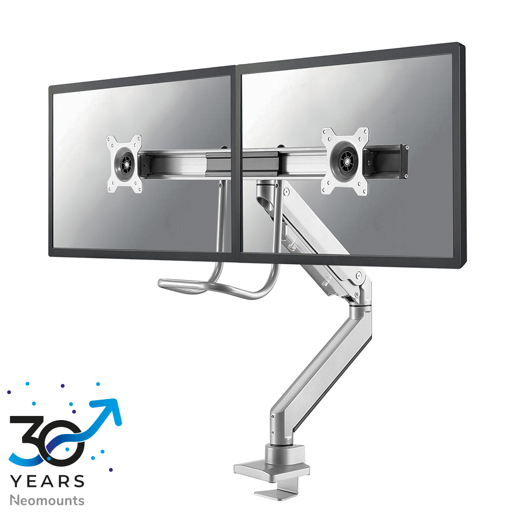 Neomounts NM-D775DXSILVER Dual crossbar monitor arm - 10-32" - 1-8 kg/screen - gas spring - 180°-stop - Topfix - silver